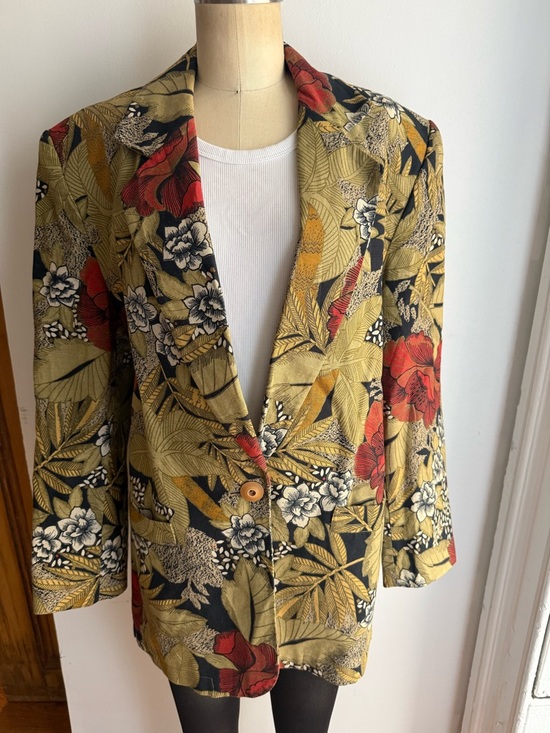 Vintage Jackets & Blazers - Tropical Safari Floral Linen Cotton Blazer Botanical Print Structured Tailored
